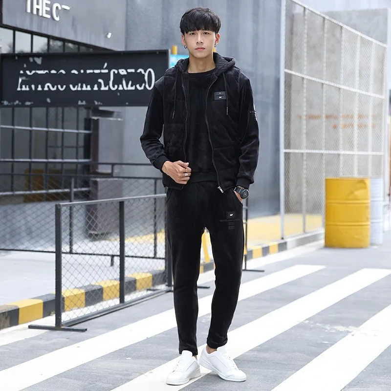 Winter Mens 3pcs Velvet Tracksuit Hoddie Vest Coat Sweatshirt Pants Suits Casual Joggers Fitness Sets Fashion Warm Track Suit 241105