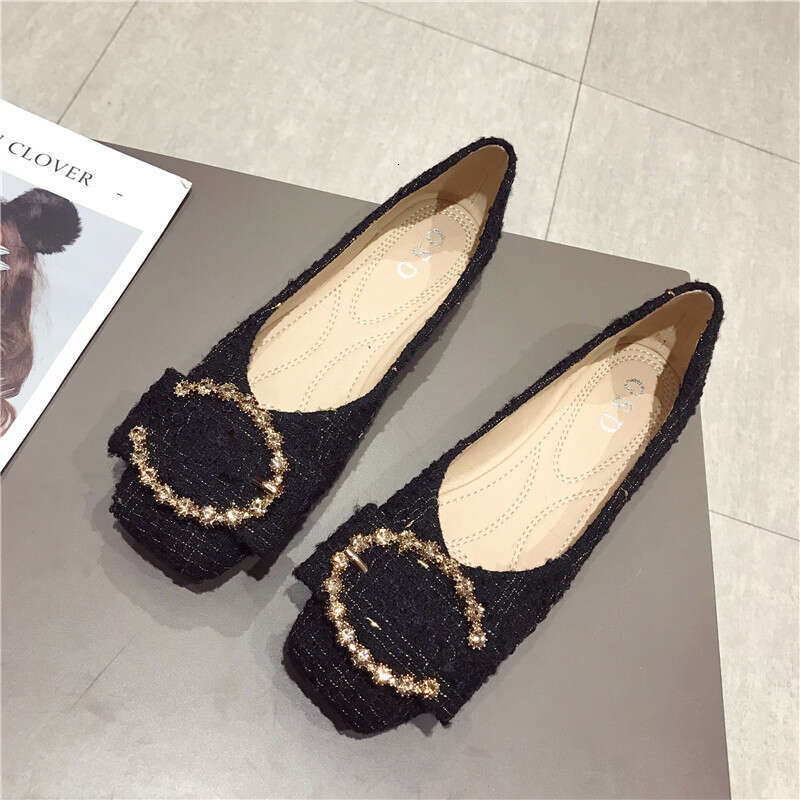 2023 Spring And Summer New Korean Versatile Square Head Water Diamond Button Red Wedding Women's Toast Dress Flat Follow Shoes