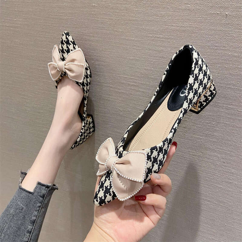 Korean Version 2023 Spring Mid Black Daily Coarse Heel Fashionable Women's Fabric Pointed Shallow Mouth Low Top High Heels