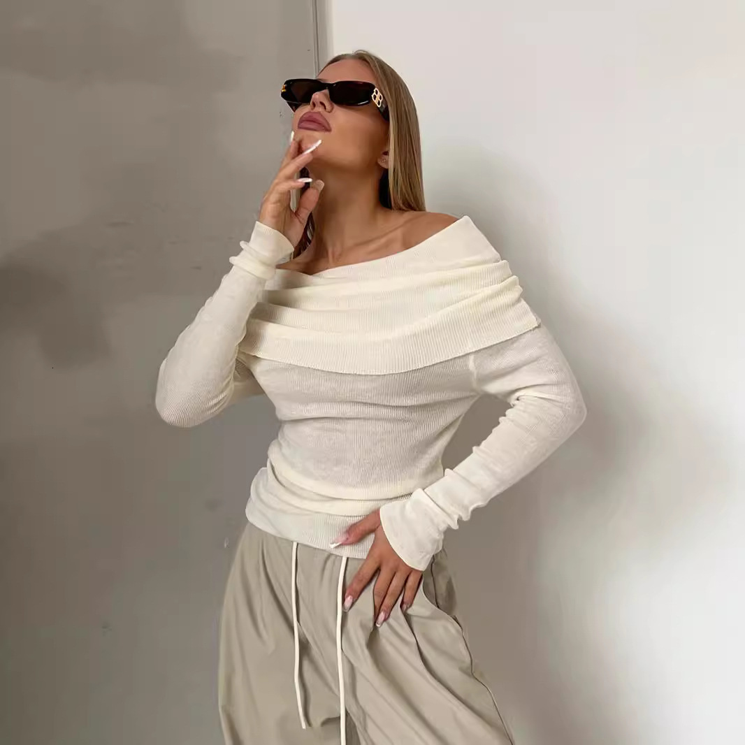Spring Women's Sexy Slim Fit Solid Color Pullover One Line Neck Long Sleeved Knitwear Vintage Sweater