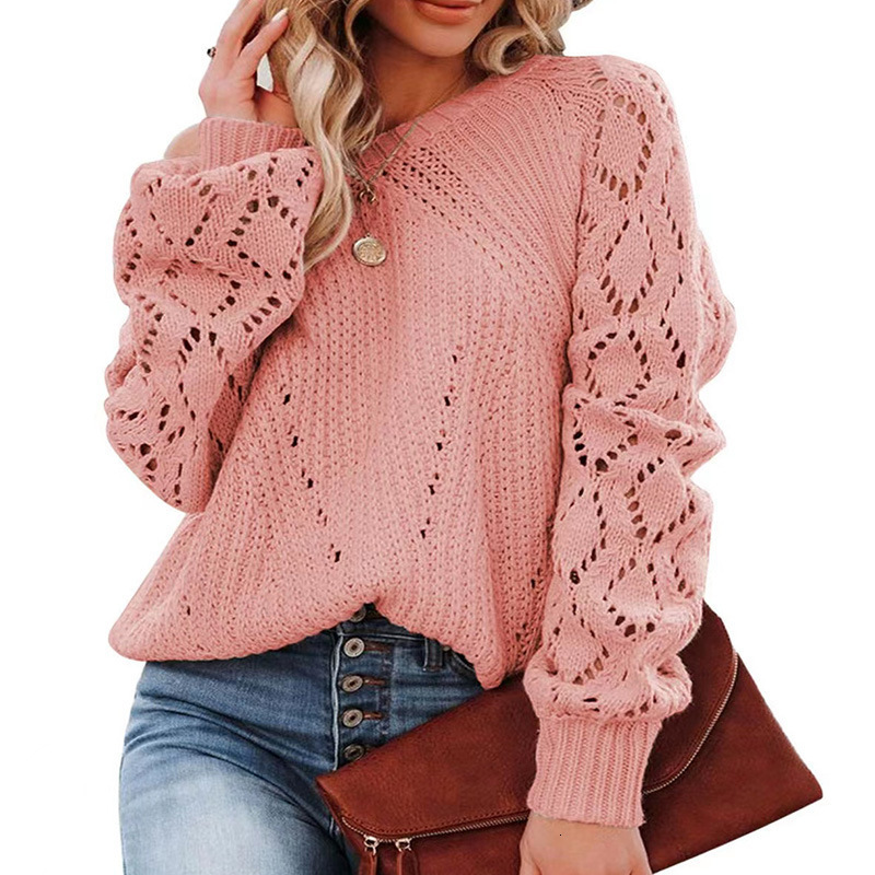 Hollow Pattern Round Neck Sweater Solid Color Loose Top Women's Autumn And Winter New Item
