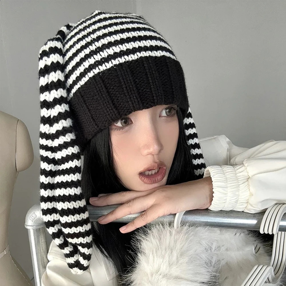Y2K Beanie Hat Ins Rabbit Ear Devil Striped Knitted Wool Cap Autumn and Winter Crochet Bunny Ears Pointed Pullover Hats 241105