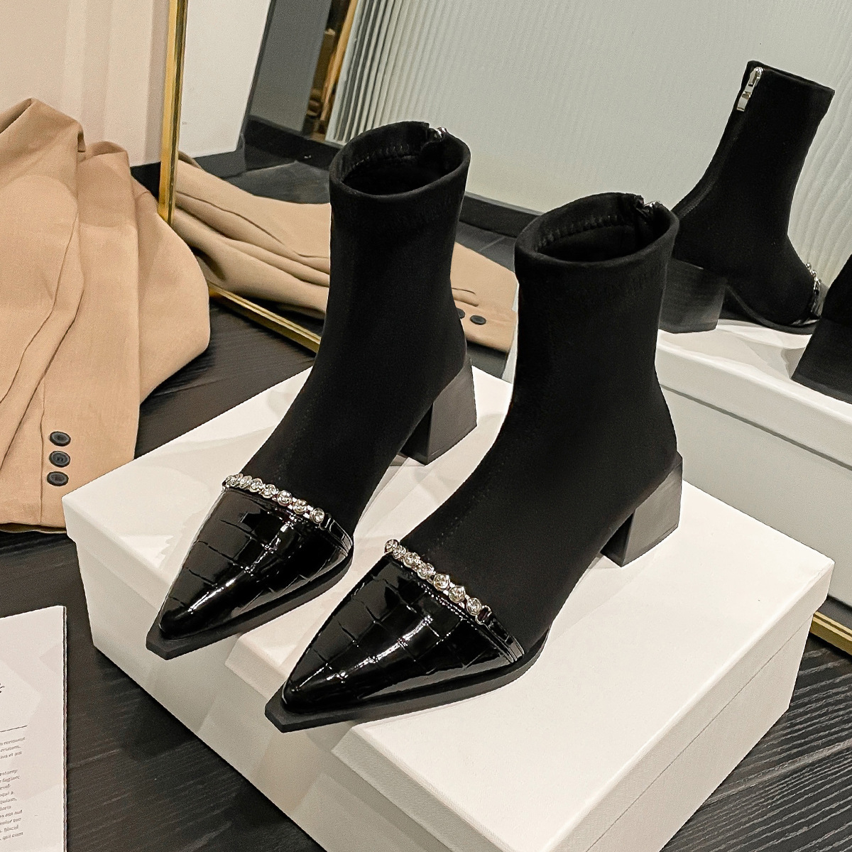 Sharp Pointed Thick Heel Pearl Diamond Short Boots Size35-43.