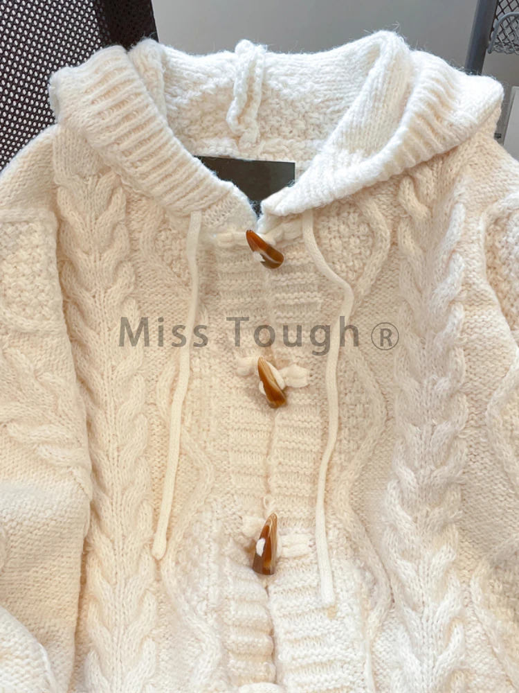 Autumn France Warm Loose Top Chic n Bull Horn Buckle Sweater Female Pretty Fashion Hooded Knitting Cardigan 2024 241105