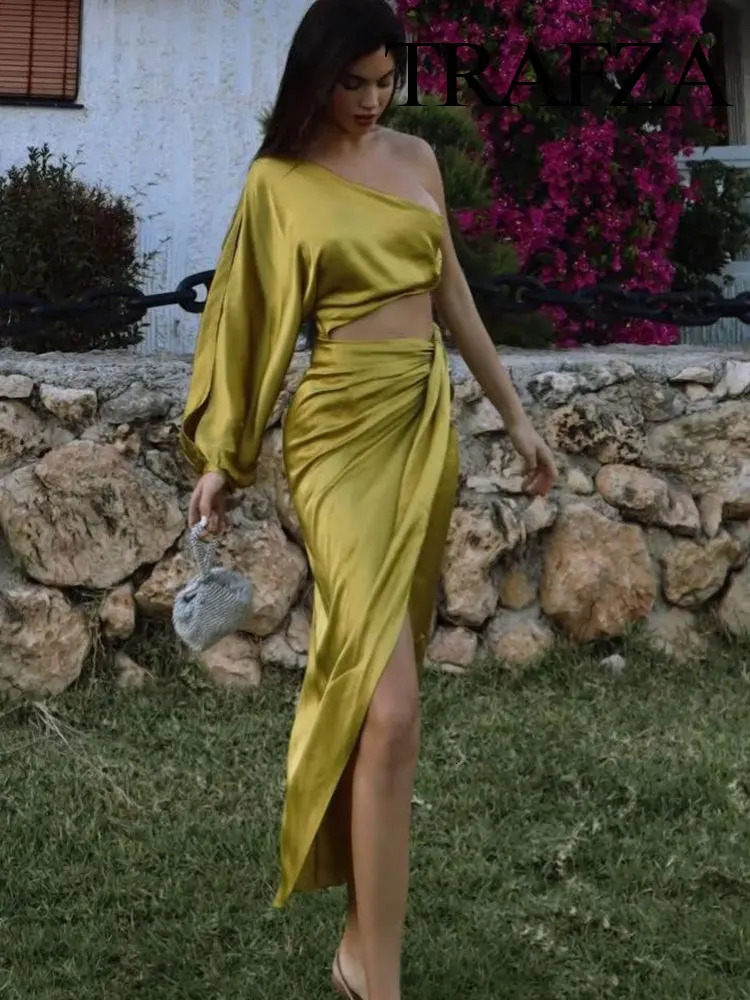 TRAFZA Dress For Women Yellow Asymmetric Satin Cut Out Long Dres Ruched Off Shoulder Elegant Dresses Evening Party Dresse 240327