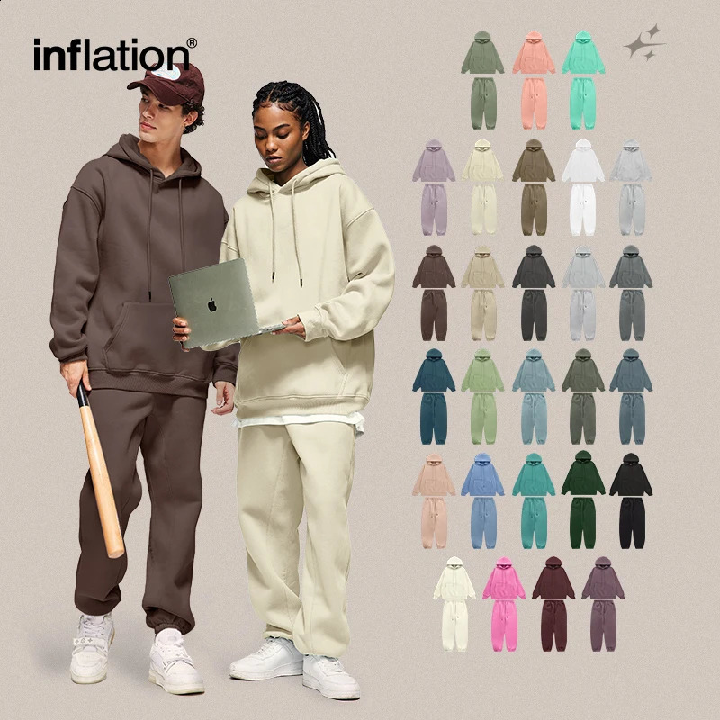 INFLATION Winter Thick Fleece Tracksuit Set Unisex Trendy Candy Color Jogging Suit Mens Matching Velvet Hoodies Set 241105