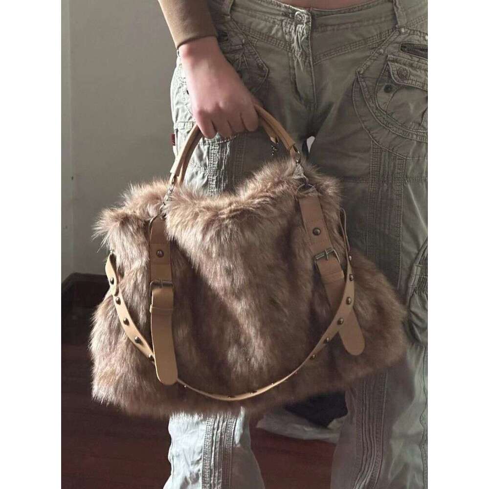 Designer Bag JIAERDI Plush Large Capacity Tote Bag Women Vintage Autumn Winter Fur Soft Khaki Handbag Female Retro Casual Messenger Bag Y2k handbag