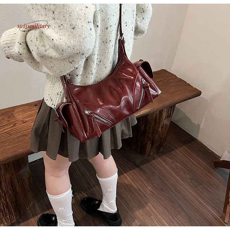 Soft faced dumpling women's trendy multi opening motorcycle bag, niche high-end texture, large capacity shoulder bag #33 swissmilitary