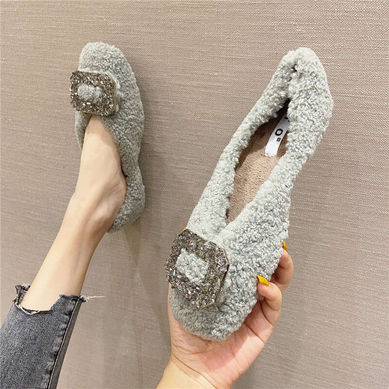 Add Fluffy Fur Women In And Winter, Low Cut Black Flat Heeled Women, One Foot For Autumn Outdoor Wear, Pointed Square Toe Bean Shoes