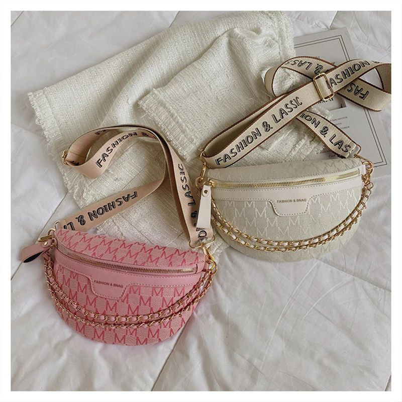 New designer fashion printed chain women's waist bag wide shoulder strap crossbody bag handbag