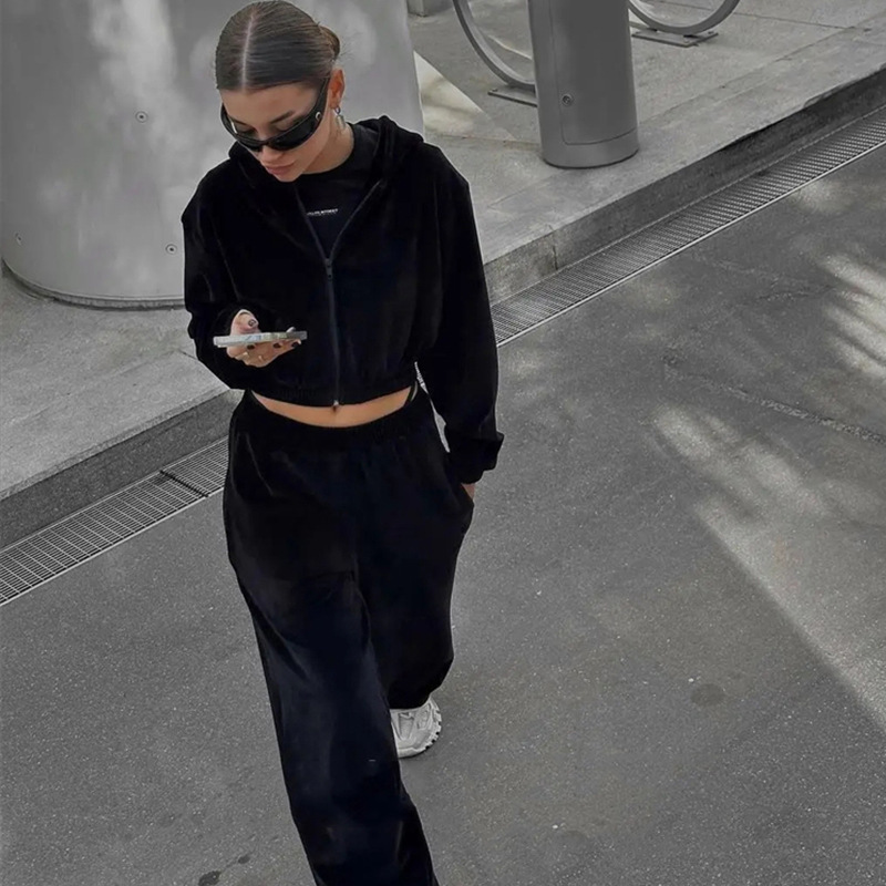 Casual Women's Street Style Long Sleeve Hooded Cardigan Elastic Two-Piece Trousers Suit Women's Clothing