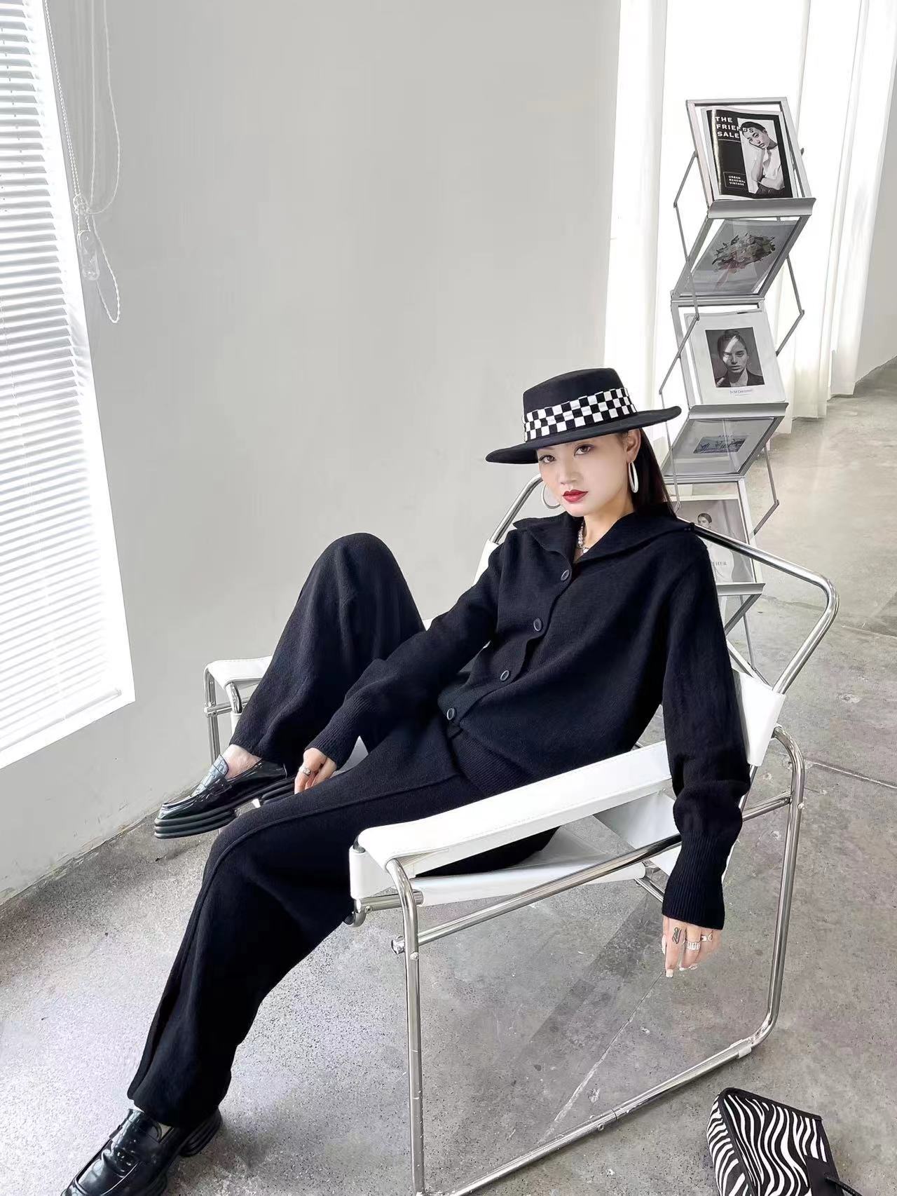 Women's Casual Sportswear Lapel Single-Breasted Knit Cardigan Baggy Wide-Legged Trousers 2Pcs Matching Set Pants Suit