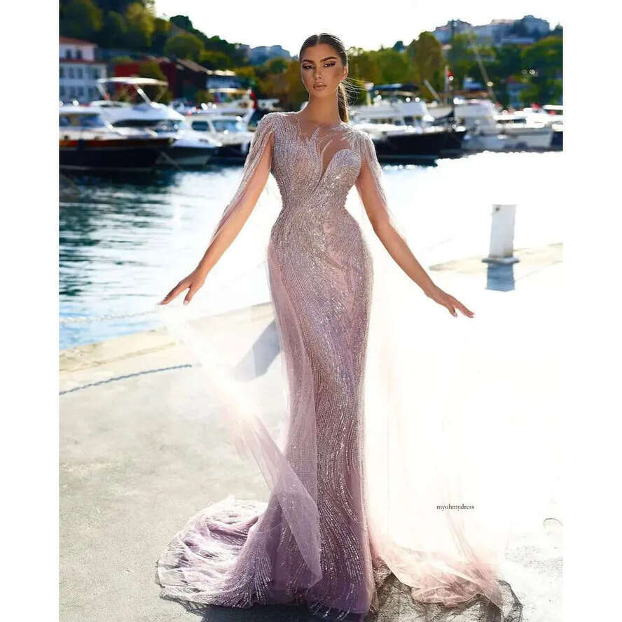 Prom Sleeveless Sparkly V Neck Capes D Lace Portrait Dia Appliques Sequins Beaded Or Length Celebrity Mermaid Evening Dresses Plus Size Custom Made