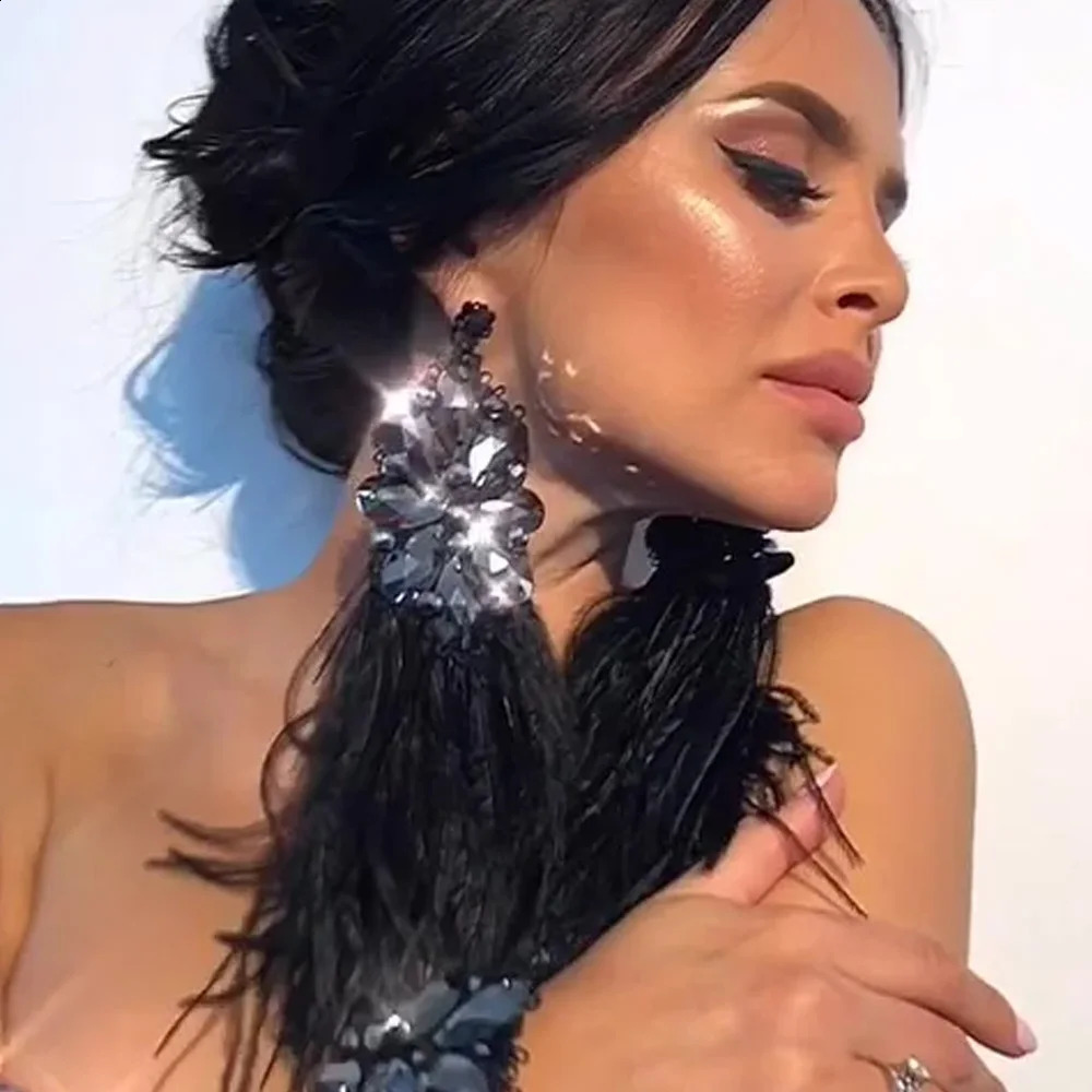 Stonefans Boho Elegant Black Feather Earrings Indian for Women Bridal Exaggerate Dangle Tassel Earrings Crystal Prom Jewelry 241105