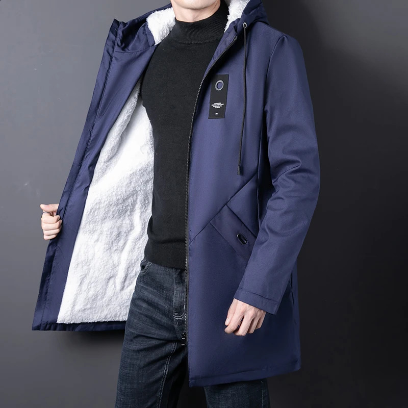 2024 Autumn Classic Long Coat Men Winter Fleece Lined Trench Coat Men Korean Fashion Thick Warm Outwear Windbreaker Jacket 241105