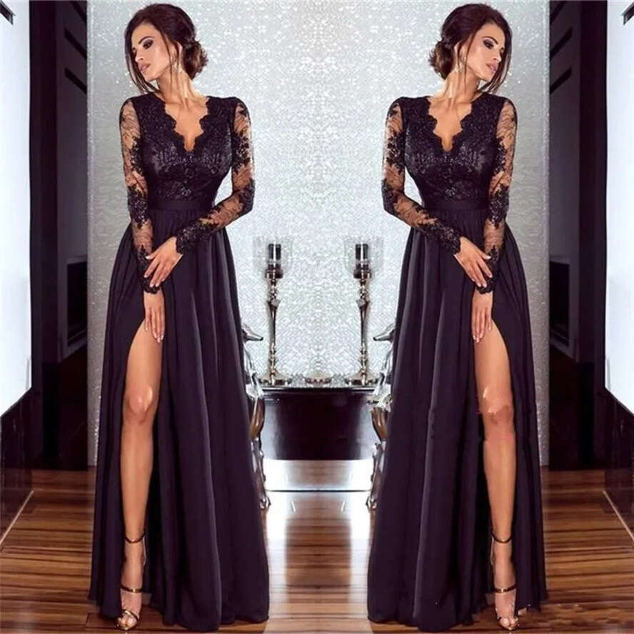 Dark Black Red Evening Dresses Wear V Neck Sheer Long Sleeves Lace Appliques Side Split Plus Size Formal Prom Party Dress Gowns