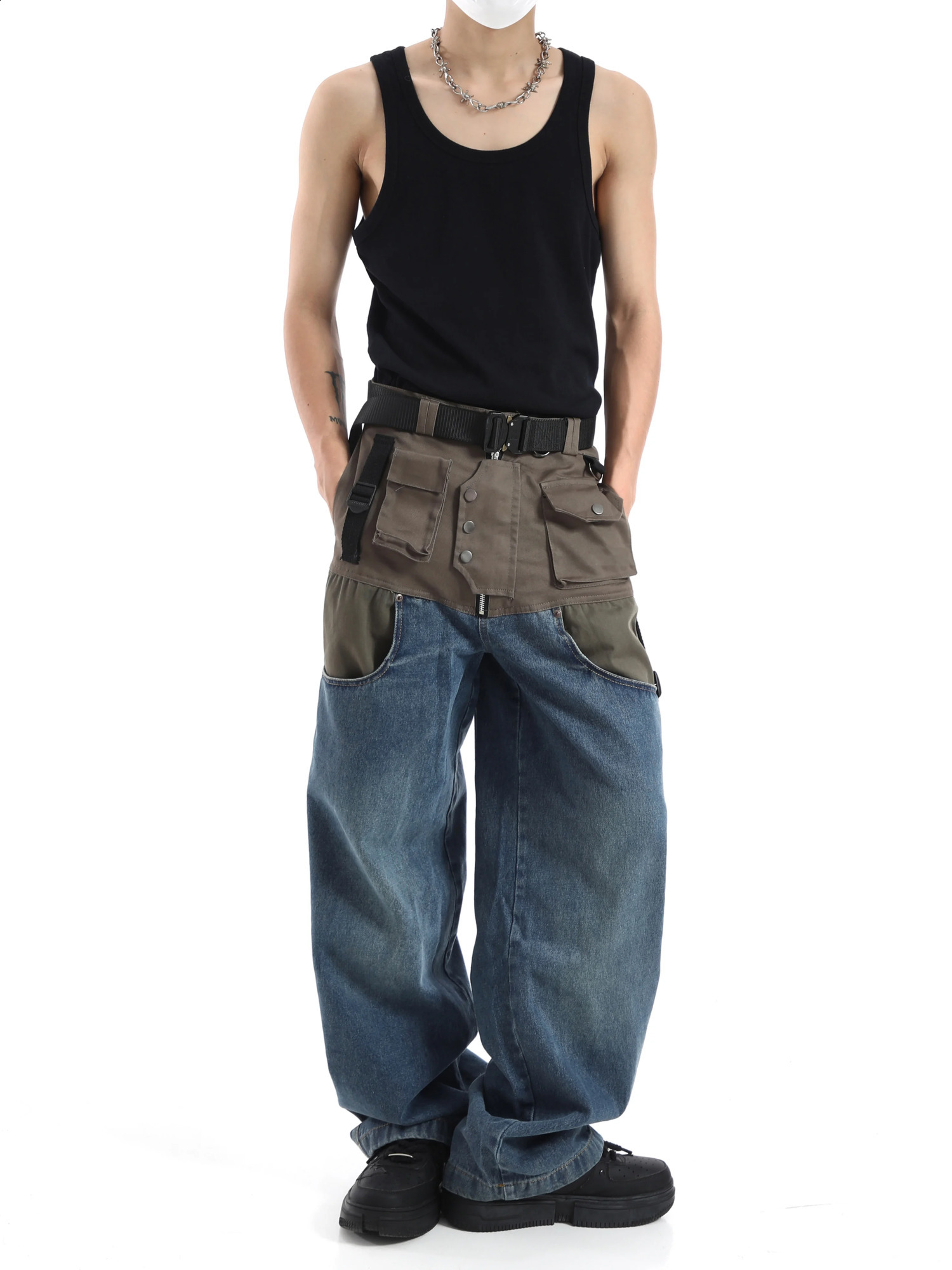HOUZHOU Patchwork Baggy Wide Leg Jeans Pants Men Distressed Denim Trousers Male Oversize Japanese Streetwear Safari Style Casual 241105