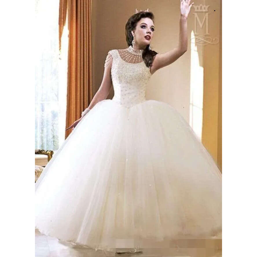 Ball Dresses Sleeveless High Neck Beading Beaded Hollow Back Or Length Custom Made Wedding Gown Vestido De Novia