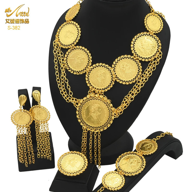 ANIID India Gold Coin Tassel Pendant Necklace Jewelry Set Dubai Party Bridal Wedding Fashion Necklace Set Gift241105