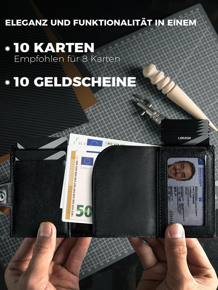 Retro Genuine Leather Automatic Card Bag Positioning Tracker Cowhide Money Case With Pull-out Metal Aluminum Card Box