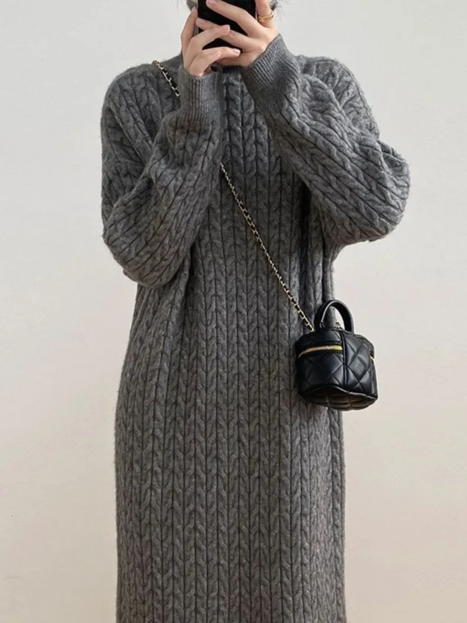Winter Womens Sweater Dresses Korean Version Casual High Collar Loose Thickened Warm Pullover Long Dress Women Clothes 241021