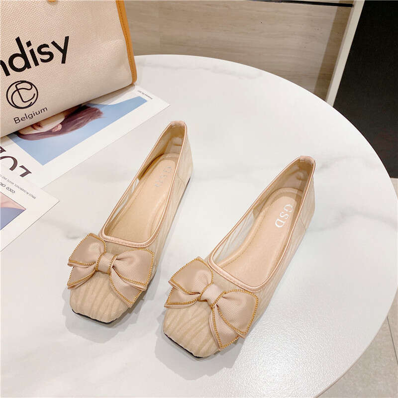 Spring And Autumn Mesh Adhesive Super Fiber Daily Black Low Top Square Head Heel Solid Color Flat Bottom Shoes