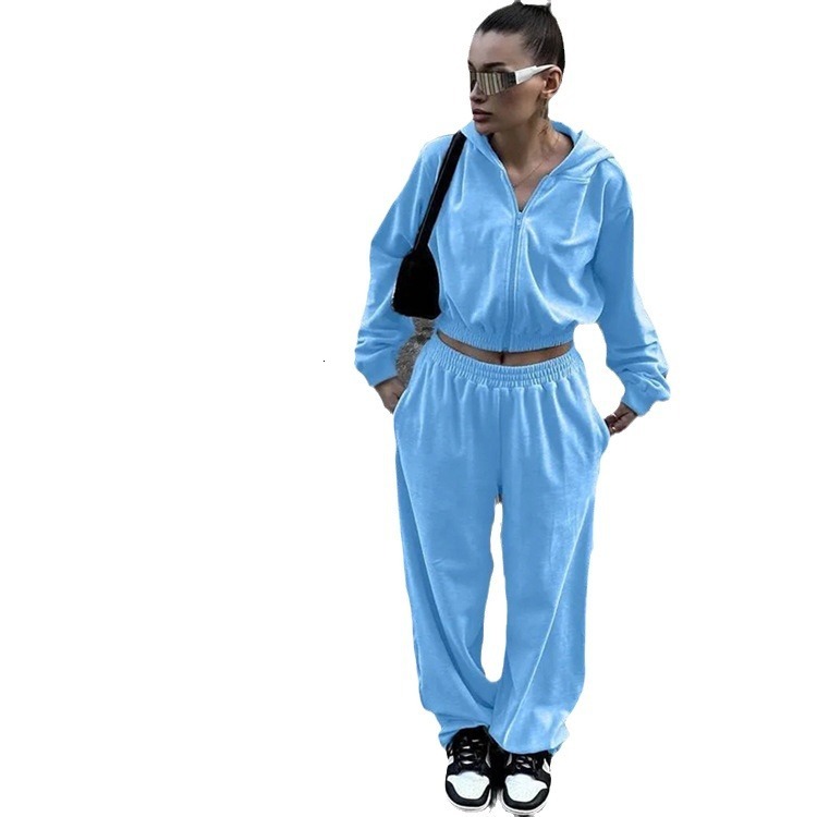 Casual Women's Street Style Long Sleeve Hooded Cardigan Elastic Two-Piece Trousers Suit Women's Clothing
