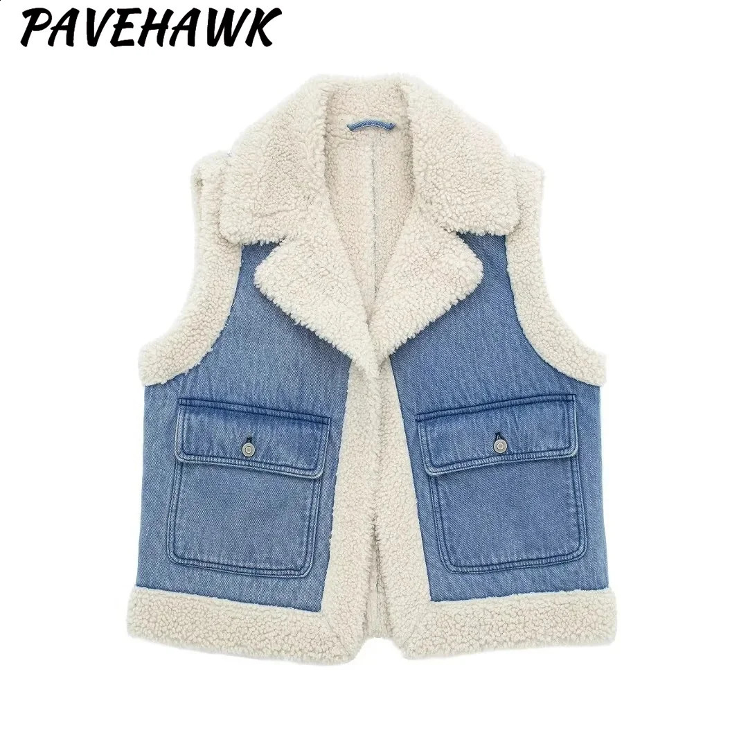 Womens denim wool synthetic sheepskin vest jacket autumn sleeveless pocket jacket casual thick loose fashionable chic jacket 241105