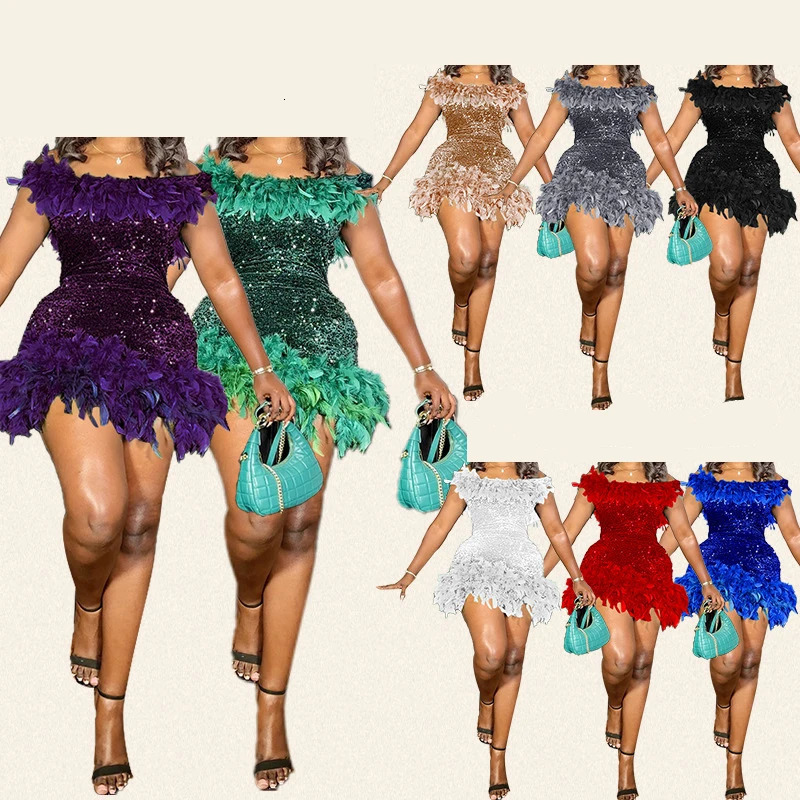 Womens Party Dress Sleeveless Shiny Sequins Feather Evening Sexy Off Shoulder Backless Mini Formal Prom Dresses HXY8 240401