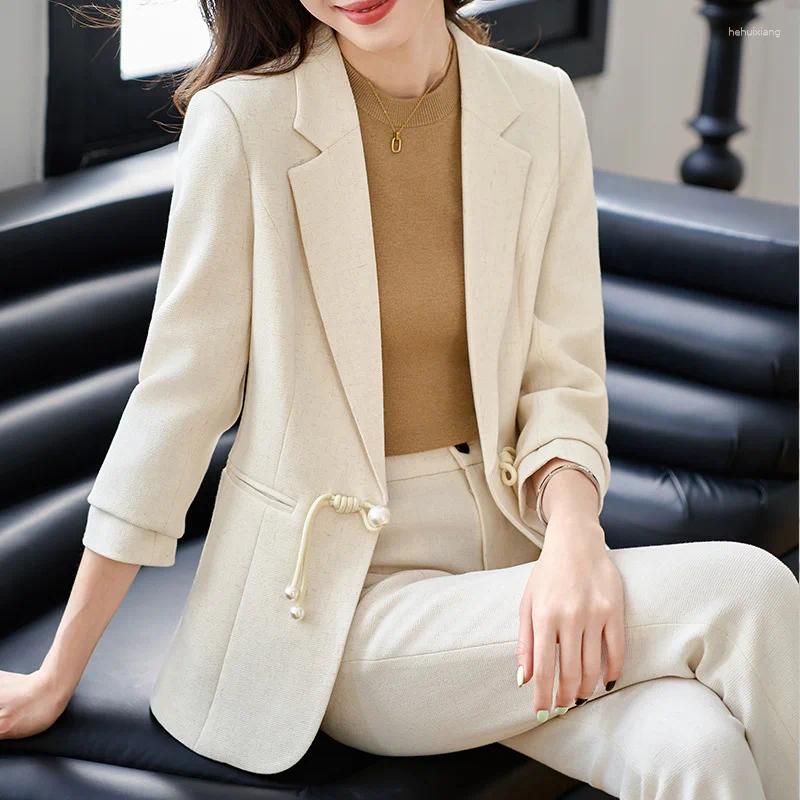 Chinese Style 2-Piece Women's Pants Suit, Elegant Buckle Overalls For Business Or Casual Wear