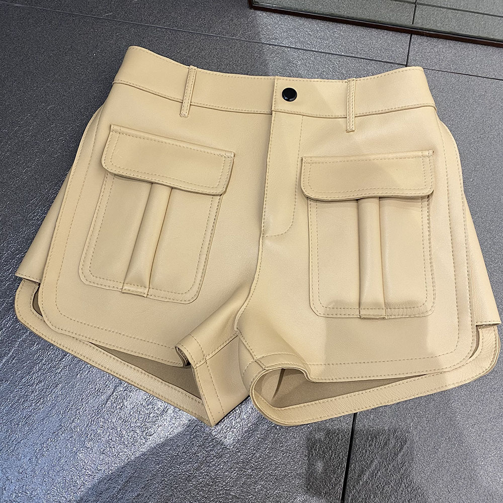 Yoloagain Women's Real Sheepskin Leather Shorts Autumn 2024