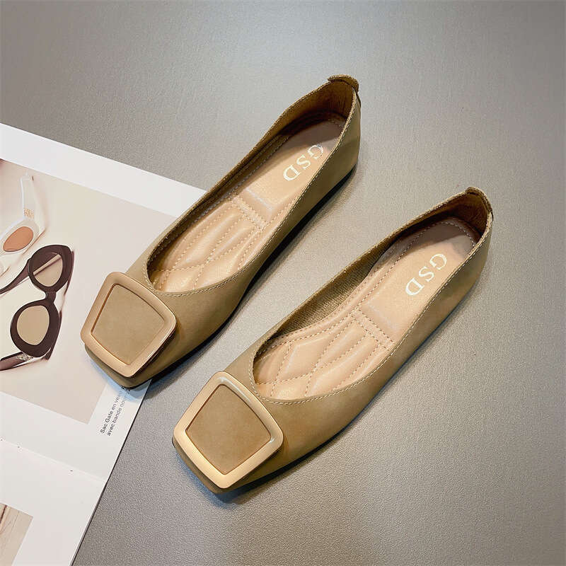 Square Toe Soft Sole Elegant Women's Korean Version New Simple And Versatile Metal Square Buckle Comfortable Flat Bottom Grandma Shoes