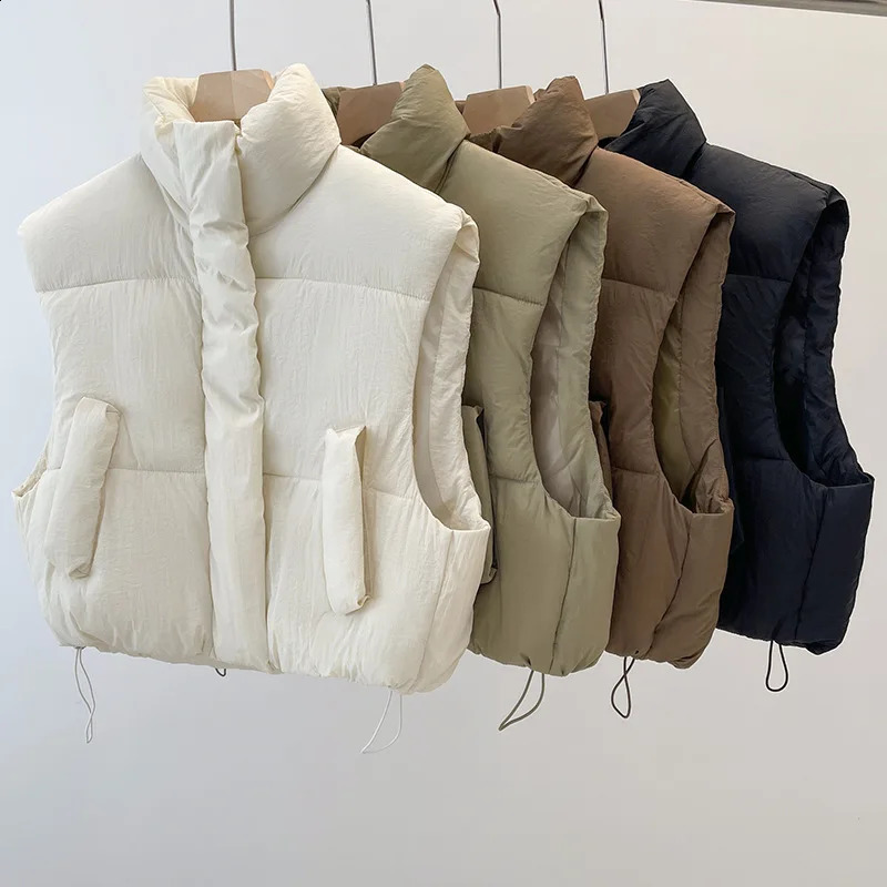 Womens pure cotton vest autumn and winter stand collar thick loose short sleeved pure cotton vest jacket trend 241105
