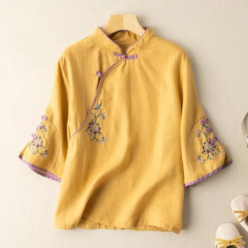 Ethnic Clothing Cheongsam Women's Plus Size Short Tops Summer Cotton Linen Embroidery Splicing Slim Fit Chinese Style Qipao Shirts
