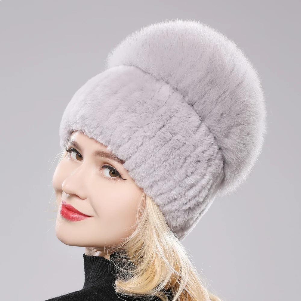 Females Hat Good Elastic Natural Fluffy Real Fox Fur Winter Women Knitted Rex Rabbit Hats Lady Cap 241105