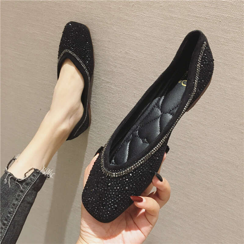 2023 Spring/Summer New Casual Daily Cloth Face Single Fashion Shallow Mouth Square Head Large Flat Bottom Bean Women's Shoes
