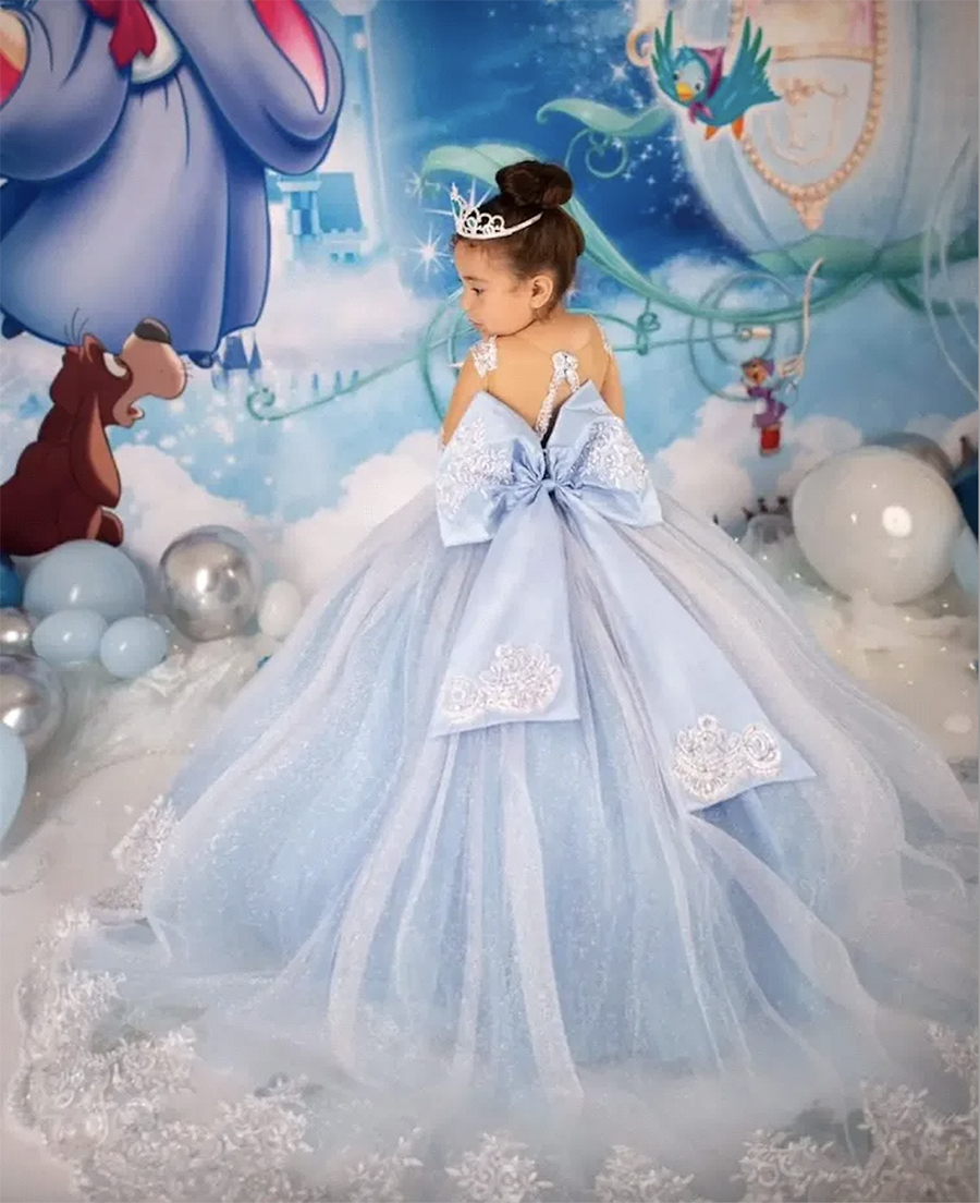 Princess Blue Flower Girl Dresses With Big Bow Sash A Line Crew Neck Sheer Sleeves Appliques Sequins Long Toddler Teens Pageant Party Gowns 0509