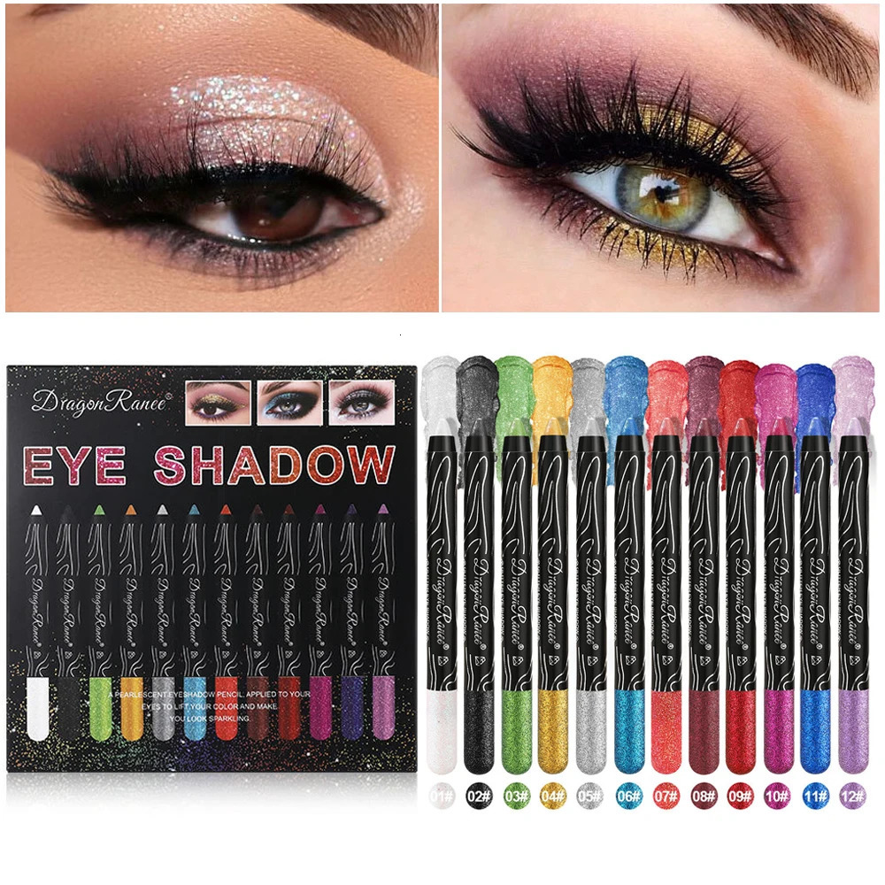 12Pcsbox Eyeshadow Pencil Set Eyeliner Pencil Gold Purple Blue Eye Shadow Glitter Silkworm Pen Eyes Pigment Waterproof Makeup 241104