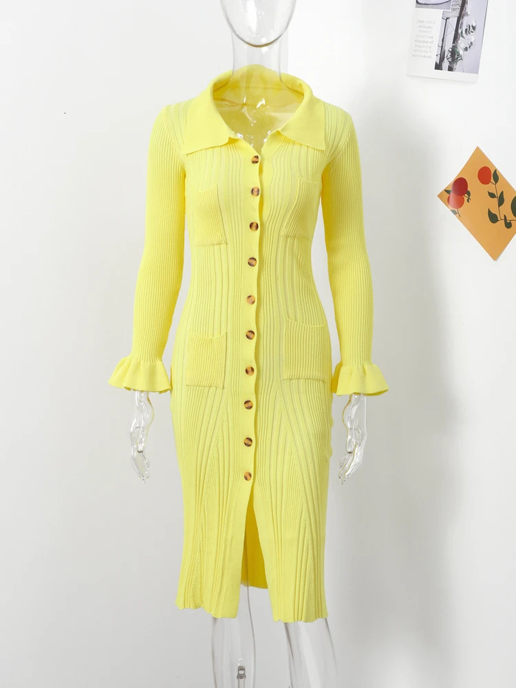 Elegant Women Ruffle Hem Single Breast Knit Midi Dress Fashion V-neck Long Sleeve Bodycon Dresses Office Street Lady Party Robe 241104