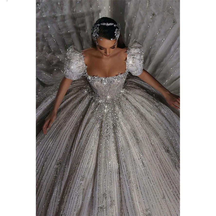 Urious Arabic Dubai Ball Gown Wedding Dresses Cap Sleeve Off Shoulder Beadings Crystals Sparkle Sequins Puffy Ruched Bridal Gowns Custom Made BC