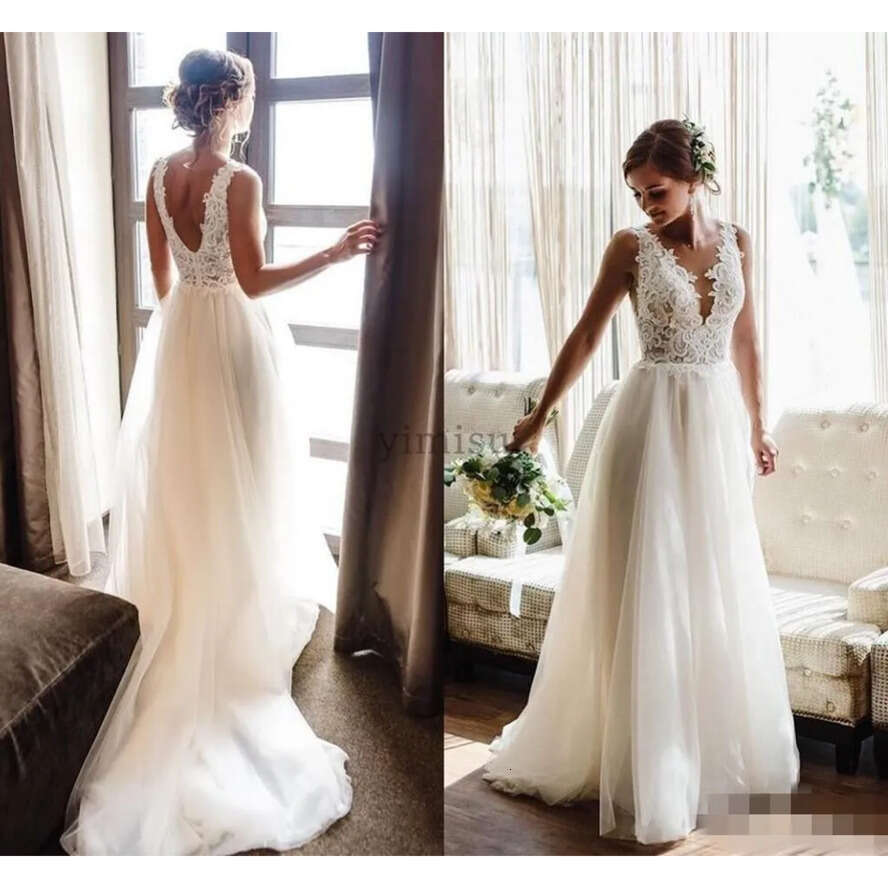 Newest Lace Applique Dresses A E Plunging V Neck Tulle Sleeveless Sweep Train Custom Made Wedding Gown Vestido De Novia