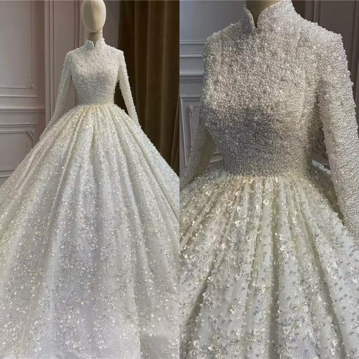 Ball Wedding Dresses High Neck Long Sleeves Bridal Gown Sequins Pearls Sweep Train Customized Dress Custom Made vestidos de novia
