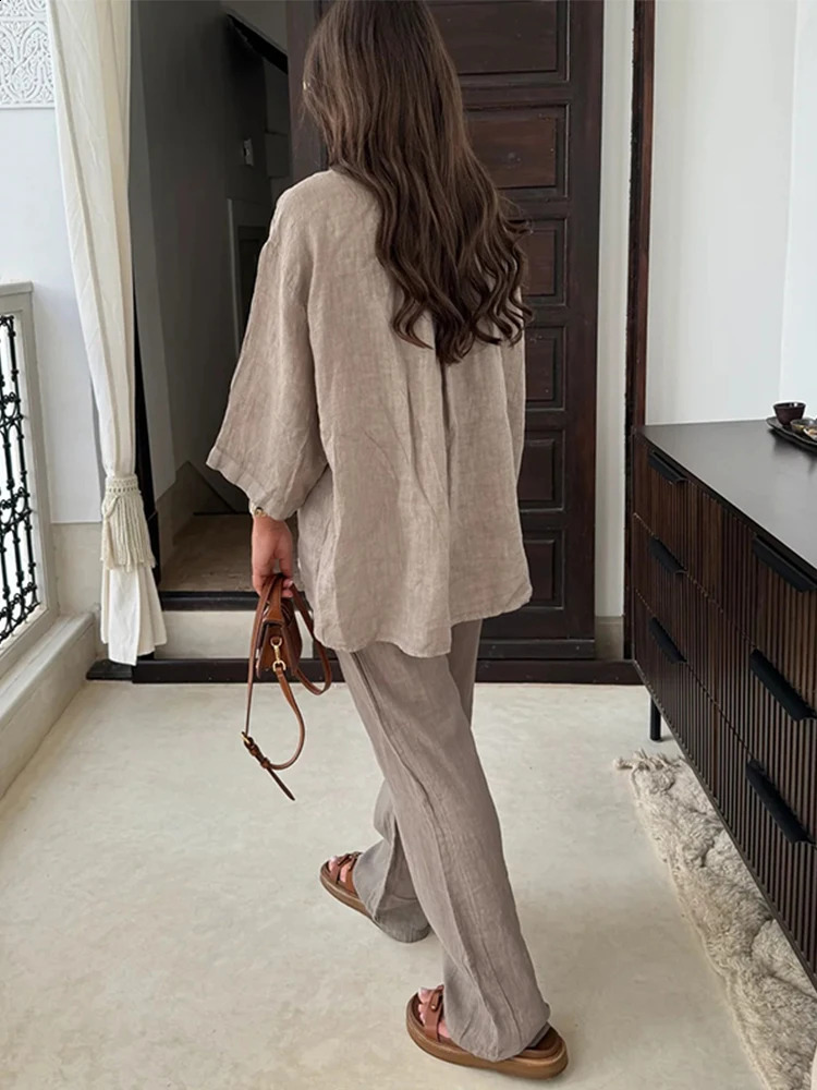 Cotton Linen Shirt Trouser Suit Women Loose Single Breasted Long Sleeve Top Wide Leg Pants Female Suit 2024 Summer 2 Piece Set 241105