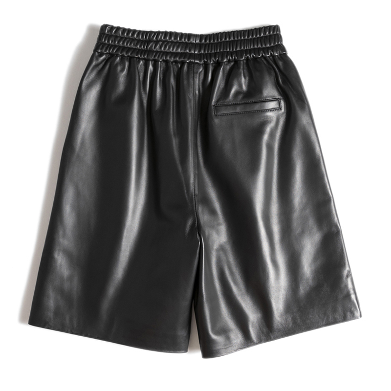 Easy Streetwear Bermuda Shorts Women Pockets Wide Leg Lambskin Midi Long Authentic Leather Pants Apricot Casual Femme Pantalon