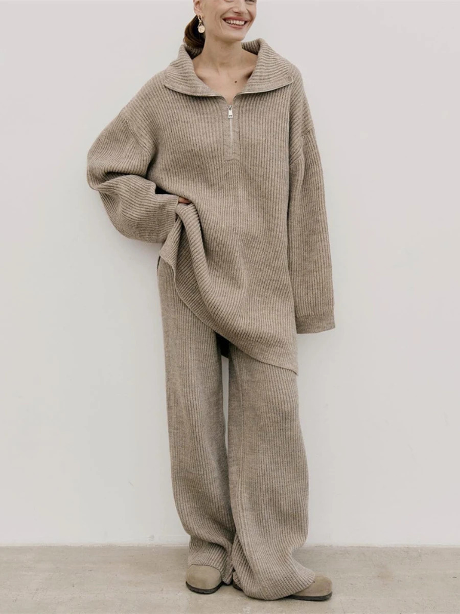 Wolfeel Winter Thick Women'sknitted Pullover 2-Pieces Sets Half Zipperfemale Polo Neck Sweater & Wide Leg Pants Knitted Outfit