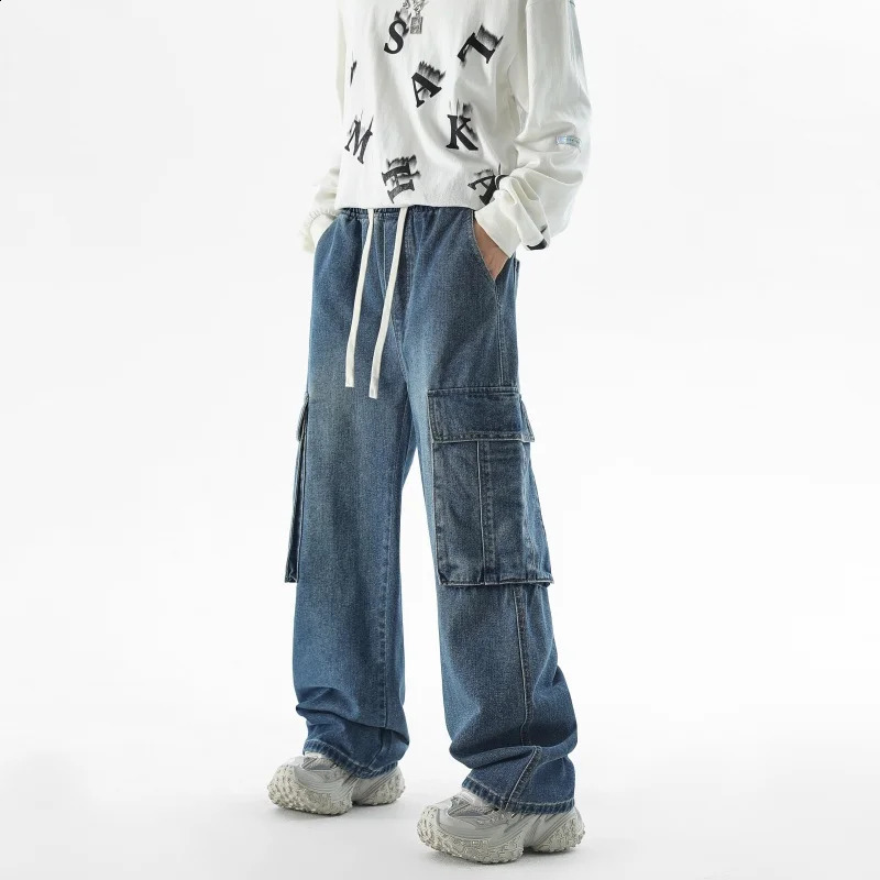 Autumn Big Pocket Trendy Mens Jeans Baggy Straight Denim Trousers Blue Black Elastic Waist Fashion Casual Wide Legs Pants 241105