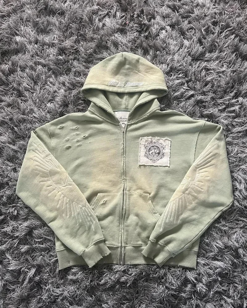 2024 Gothic Retro Trend Washing Embroidery Oversize Zipper Hoodies Mens And Womens Y2K Punk Hip-Hop Casual Tops Streetwear 241105