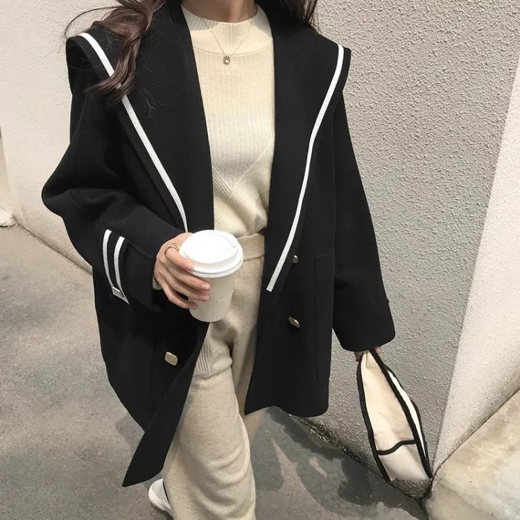 Elegant Vintage Sailor Collar Jackets Autumn Winter Woolen Coat Women Y2k Long Sleeve Loose Tops Mujer 241104