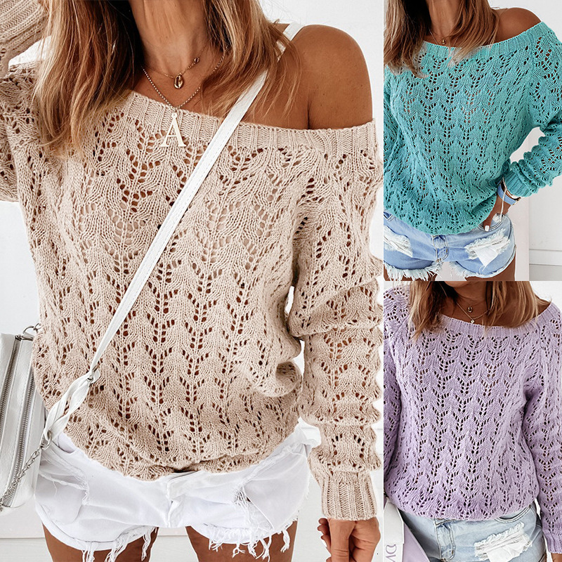 Autumn And Winter New Knitted Solid Color Hook Flower Hollow Out Pullover Round Neck Loose Sweater For Women