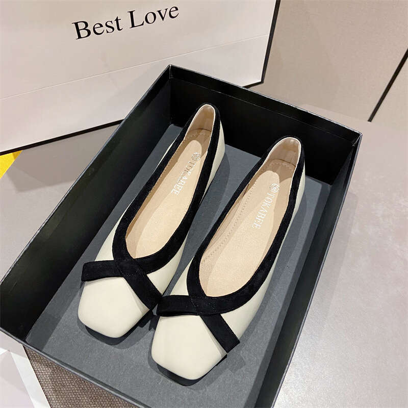 Korean Women's Shoes 2023 Summer New Fashion Square Toe Soft Sole 2Cm Low Heel Sweet Bow Single Shoe